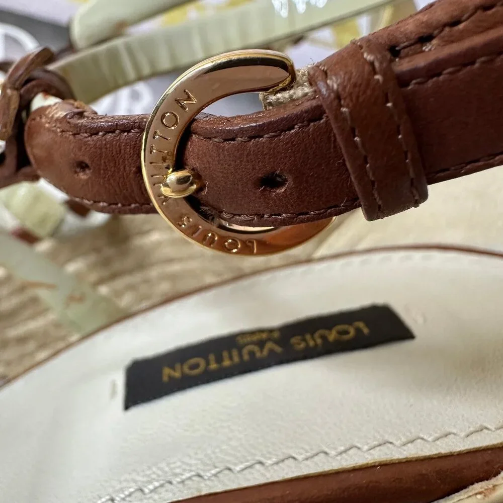 ❌SOLD❌Authentic Louis Vuitton Cream & Brown Leather/Enamel Flower Wedge Sandals - Picture 12 of 16